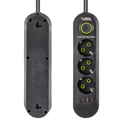 VEA  3'LÜ 1.5 METRE KABLOLU 3 USB'Lİ SİYAH AKIM KO resmi