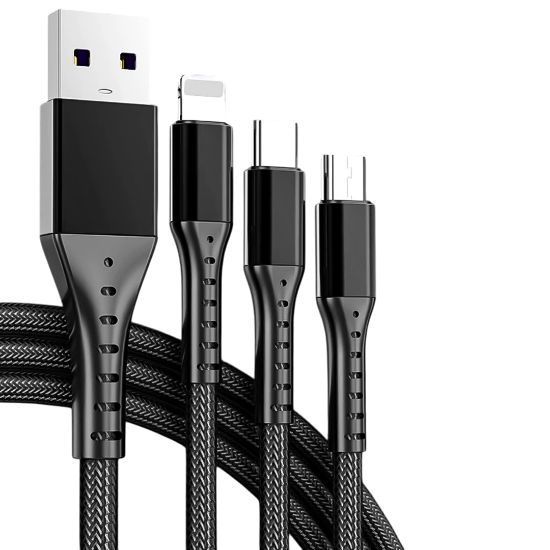 PM 3IN1 SİYAH 1.2 METRE (MICRO USB - LIGHTNING - T resmi